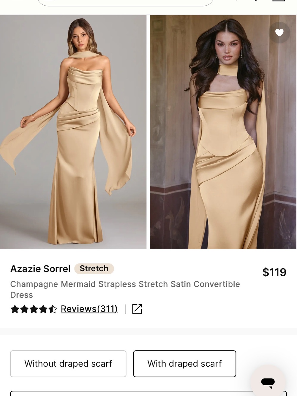 Azazie Strapless Satin Evening Gown in Champagne 12 - Picture 3 of 4